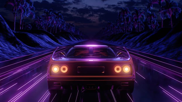 3d render Car and background neon retro wave 80s style 4k