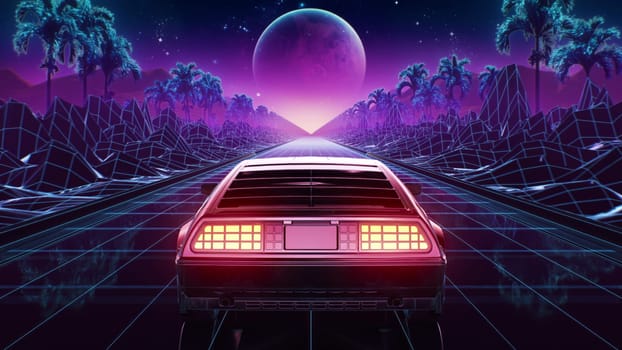 3d render Car and background neon retro wave 80s style 4k