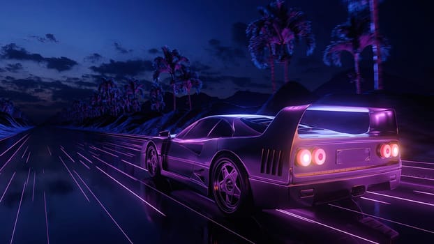 3d render Car and background neon retro wave 80s style 4k