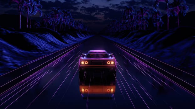 3d render Car and background neon retro wave 80s style 4k