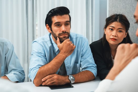 Group of diverse office worker employee working together on strategic business marketing planning in corporate office room. Positive teamwork in business workplace concept. Prudent