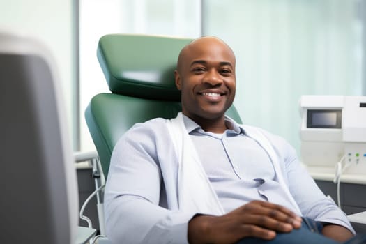 african american young man smiling happily while sitting in medical chair at dental clinic. AI Generated