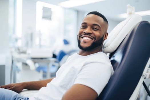 african american young man smiling happily while sitting in medical chair at dental clinic. AI Generated