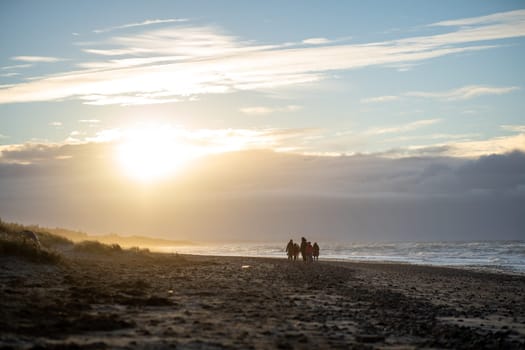 Tisvildeleje, Denmark - January 21, 2022: People walking at Tisvildeleje beach during sunset