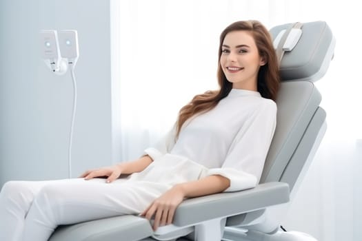 European young woman smiling happily while sitting in medical chair at dental clinic. AI Generated