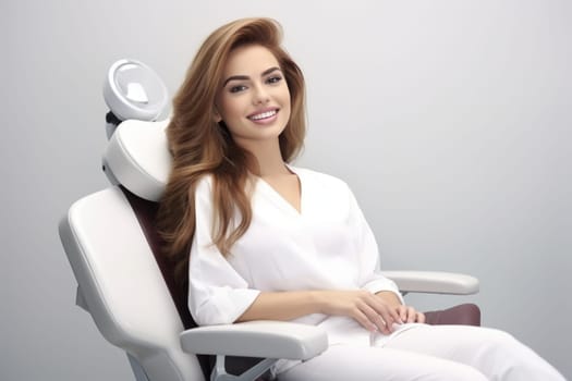 European young woman smiling happily while sitting in medical chair at dental clinic. AI Generated