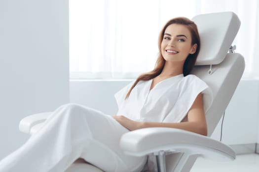 European young woman smiling happily while sitting in medical chair at dental clinic. AI Generated