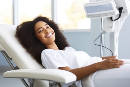 african american young woman smiling happily while sitting in medical chair at dental clinic. AI Generated