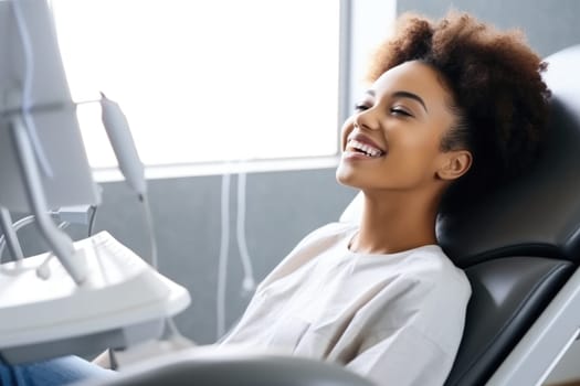 african american young woman smiling happily while sitting in medical chair at dental clinic. AI Generated