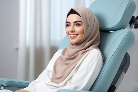 arab young woman smiling happily while sitting in medical chair at dental clinic. AI Generated