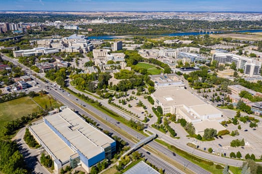 Hovering over the University of Saskatchewan, this drone image captures the campus' architectural splendor, and the flowing South Saskatchewan River, framing a legacy of education and innovation.