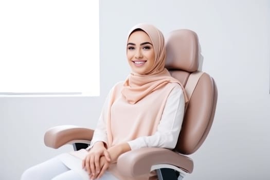 arab young woman smiling happily while sitting in medical chair at dental clinic. AI Generated