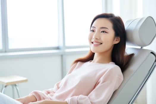 asian young woman smiling happily while sitting in medical chair at dental clinic. AI Generated