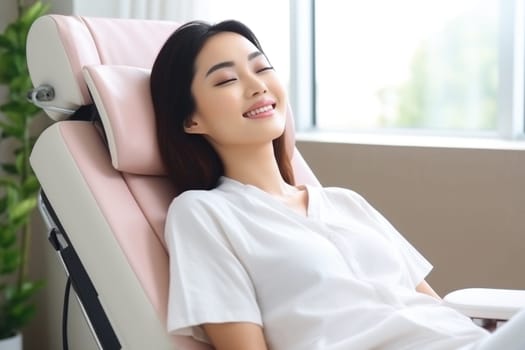 asian young woman smiling happily while sitting in medical chair at dental clinic. AI Generated