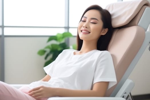 asian young woman smiling happily while sitting in medical chair at dental clinic. AI Generated