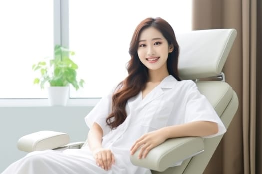 asian young woman smiling happily while sitting in medical chair at dental clinic. AI Generated