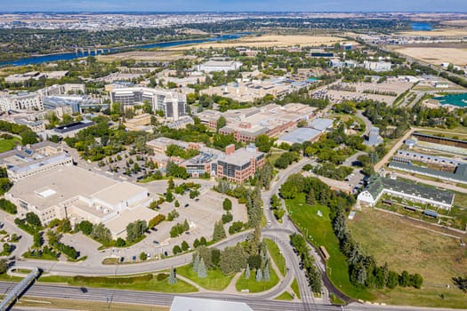 Hovering over the University of Saskatchewan, this drone image captures the campus' architectural splendor, and the flowing South Saskatchewan River, framing a legacy of education and innovation.
