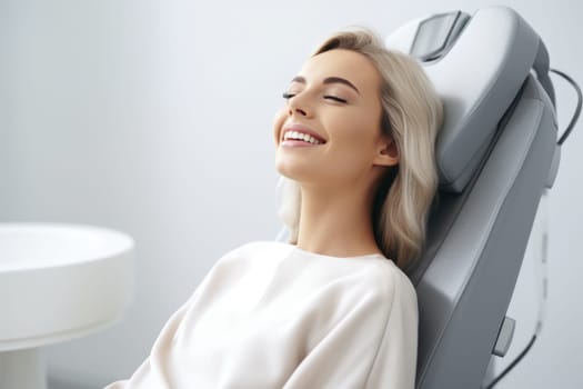 European young woman smiling happily while sitting in medical chair at dental clinic. AI Generated