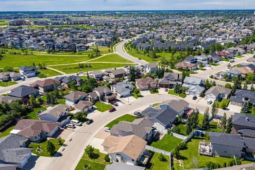 Aerial view of Briarwood which is a residential neighbourhood located in the southeast part of Saskatoon, Saskatchewan, Canada. The majority of its residents live in low-density, single detached dwellings.