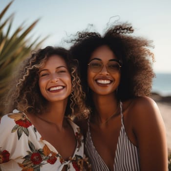 Group of smiling multiracial female best friends sitting together on blanket with fruits enjoying at picnic in the park. AI Generated