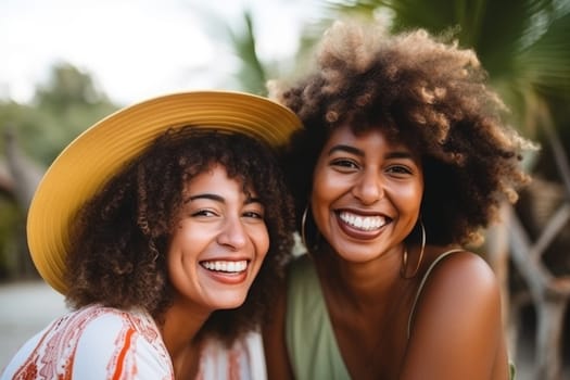 Group of smiling multiracial female best friends sitting together on blanket with fruits enjoying at picnic in the park. AI Generated