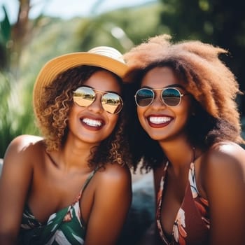 Group of smiling multiracial female best friends sitting together on blanket with fruits enjoying at picnic in the park. AI Generated