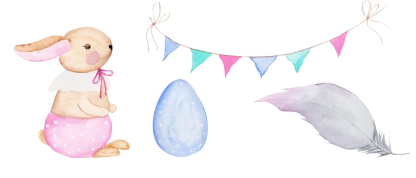 Watercolor Easter cute set of bunny eggs, garland and feathers. Isolates on a white background in soft pastel colors for the design of cards and invitations.