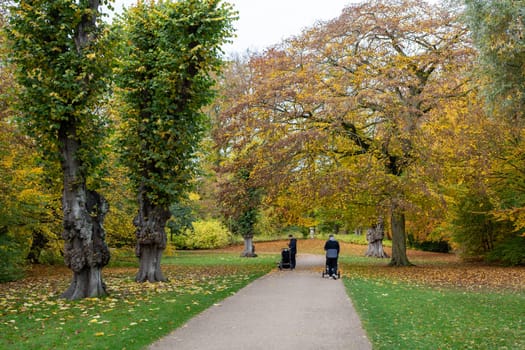 Copenhagen, Denmark - October 29, 2022: People enjoying a walk in Frederiksberg Gardens during autumn