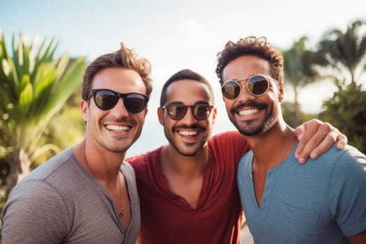 Happy young three men having fun outdoors in summer, celebrating friendship and good times. AI Generated
