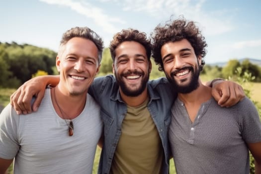 Happy young three men having fun outdoors in summer, celebrating friendship and good times. AI Generated