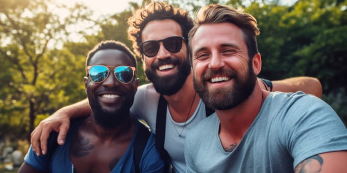 Happy young three men having fun outdoors in summer, celebrating friendship and good times. AI Generated