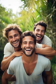 Happy young three men having fun outdoors in summer, celebrating friendship and good times. AI Generated