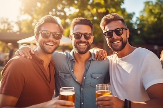 Happy young three men having fun outdoors in summer, celebrating friendship and good times, eating and drinking. AI Generated