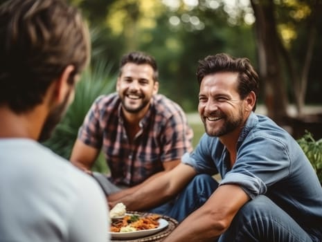 Happy young three men having fun outdoors in summer, celebrating friendship and good times, eating and drinking. AI Generated