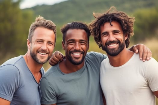 Happy young three men having fun outdoors in summer, celebrating friendship and good times. AI Generated