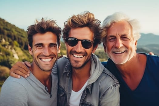 Happy young three men having fun outdoors in summer, celebrating friendship and good times. AI Generated