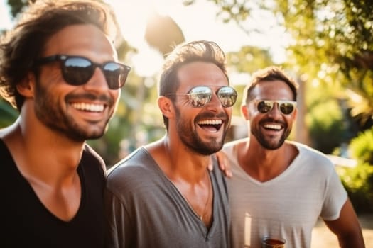 Happy young three men having fun outdoors in summer, celebrating friendship and good times, eating and drinking. AI Generated