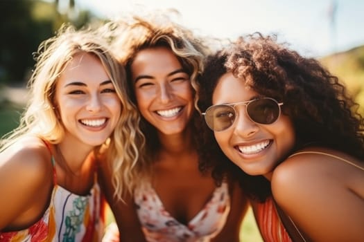 Happy young three women having fun outdoors in summer, celebrating friendship and good times. AI Generated