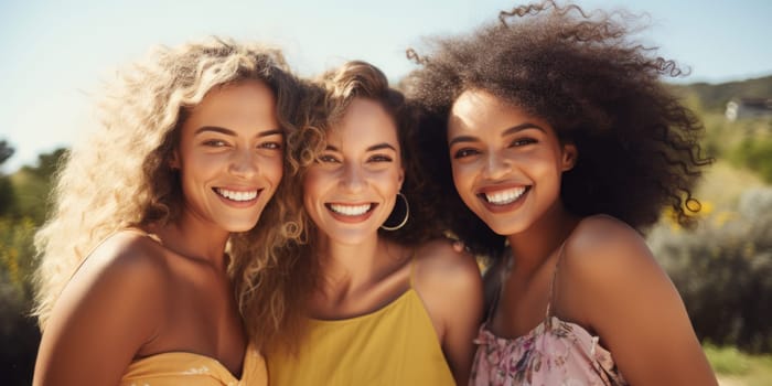 Happy young three women having fun outdoors in summer, celebrating friendship and good times. AI Generated