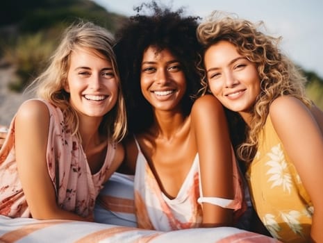 Happy young three women having fun outdoors in summer, celebrating friendship and good times. AI Generated