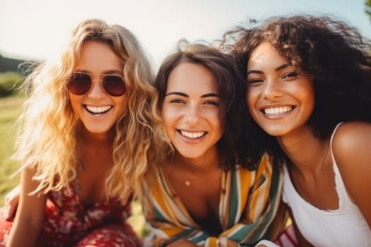 Happy young three women having fun outdoors in summer, celebrating friendship and good times. AI Generated