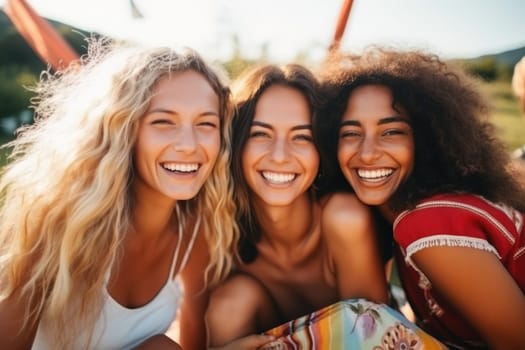 Happy young three women having fun outdoors in summer, celebrating friendship and good times. AI Generated
