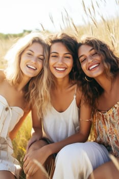 Happy young three women having fun outdoors in summer, celebrating friendship and good times. AI Generated