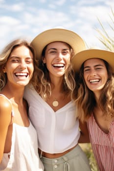 Happy young three women having fun outdoors in summer, celebrating friendship and good times. AI Generated