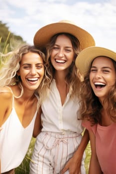 Happy young three women having fun outdoors in summer, celebrating friendship and good times. AI Generated