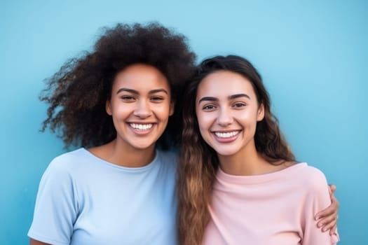 Image of two young happy women friends standing over blue wall. Looking at camera. AI Generated
