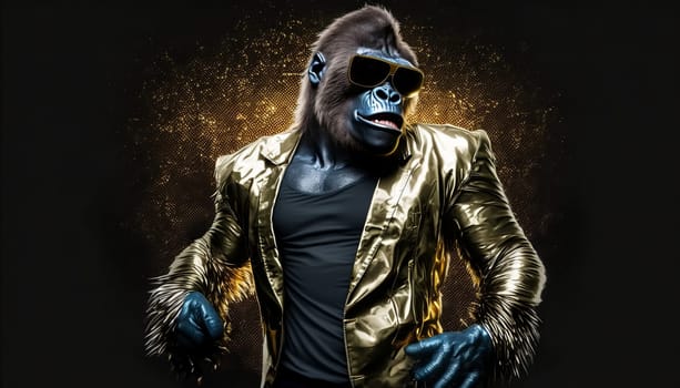 Stylish gorilla in sunglasses and a golden jacket on a black background in 5k