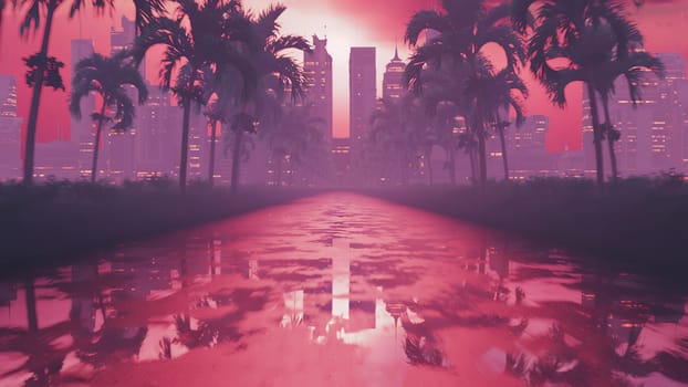 3d render a flight along wet asphalt in retro style at sunset in 4k