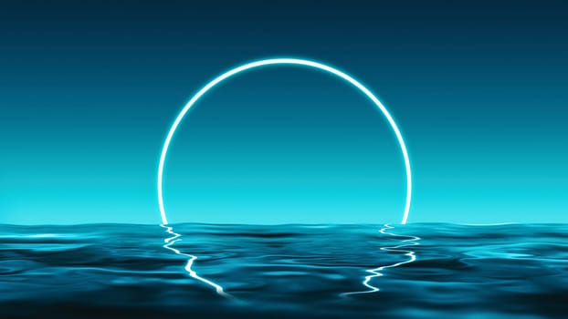 3d render Round neon shape reflected over blue water in 4k