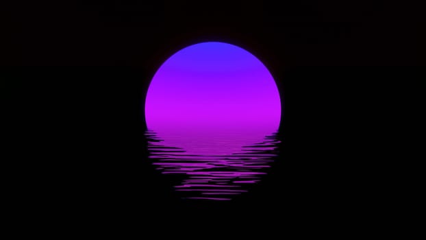 3d render Purple pink sun reflected in the water in a minimalist style on a black background in 4k